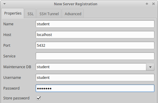 Parameter koneksi server untuk *user* `student`